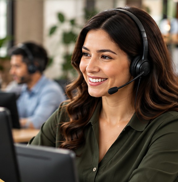 Patient care coordinator wearing a headset in a welcoming healthcare support office